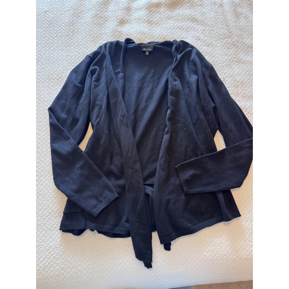 City Chic Black Open Front Peplum Cardigan Sweater Tie Waist Size S Plus Size